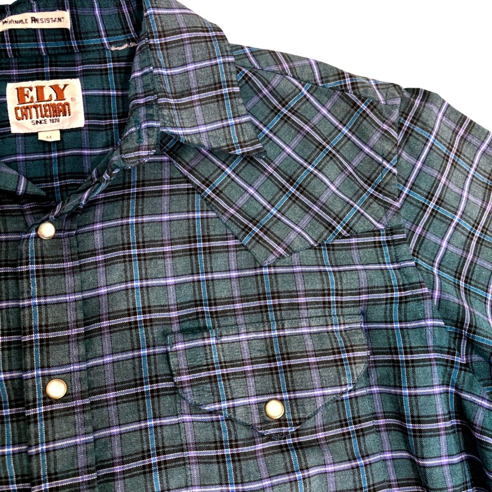 Ely Cattleman Western Pearl Snap Shirt Mens M Teal Blue Plaid Wrinkle Resistant - Picture 10 of 10
